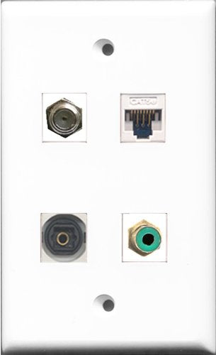 RiteAV 1 Port RCA Green and 1 Port Coax Cable TV- F-Type and 1 Port Toslink and 1 Port Cat5e Ethernet White Wall Plate