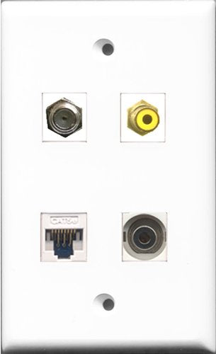 RiteAV 1 Port RCA Yellow and 1 Port Coax Cable TV- F-Type and 1 Port 3.5mm and 1 Port Cat5e Ethernet White Wall Plate