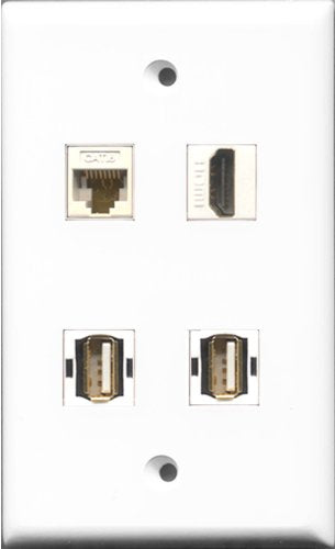RiteAV 1 Port HDMI 2 Port USB A-A and 1 Port Cat6 Ethernet White Wall Plate