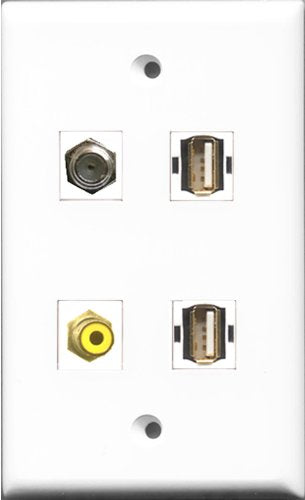 RiteAV 1 Port RCA Yellow and 1 Port Coax Cable TV- F-Type 2 Port USB A-A Wall Plate