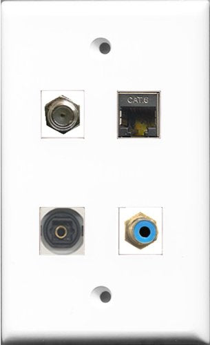 RiteAV 1 Port RCA Blue and 1 Port Coax Cable TV- F-Type and 1 Port Shielded Cat6 Ethernet and 1 Port Toslink Wall Plate