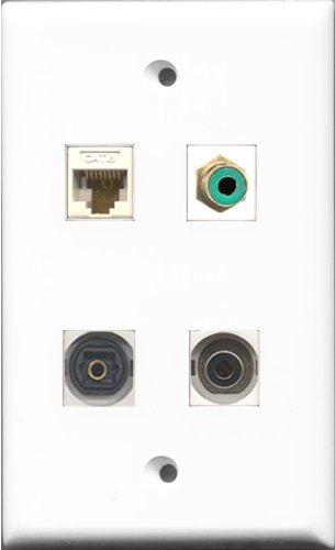 RiteAV 1 Port RCA Green and 1 Port Toslink and 1 Port 3.5mm and 1 Port Cat6 Ethernet White Wall Plate