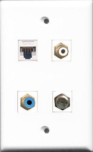 RiteAV 1 Port RCA White and 1 Port RCA Blue and 1 Port Coax Cable TV- F-Type and 1 Port Cat5e Ethernet White Wall Plate