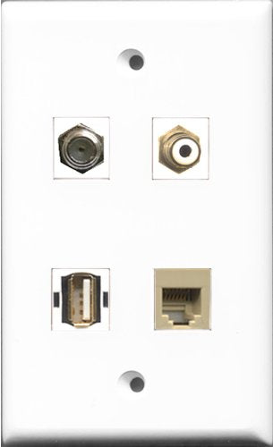 RiteAV 1 Port RCA White and 1 Port Coax Cable TV- F-Type and 1 Port USB A-A and 1 Port Phone RJ11 RJ12 Beige Wall Plate