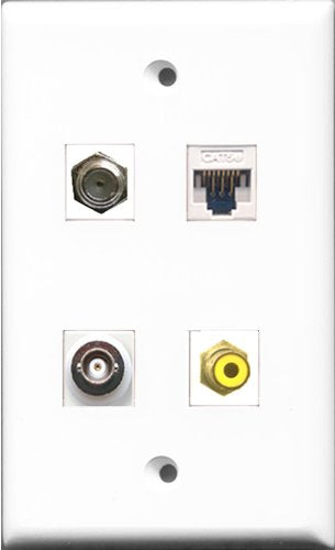 RiteAV 1 Port RCA Yellow and 1 Port Coax Cable TV- F-Type and 1 Port BNC and 1 Port Cat5e Ethernet White Wall Plate