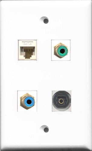 RiteAV 1 Port RCA Green and 1 Port RCA Blue and 1 Port Toslink and 1 Port Cat6 Ethernet White Wall Plate