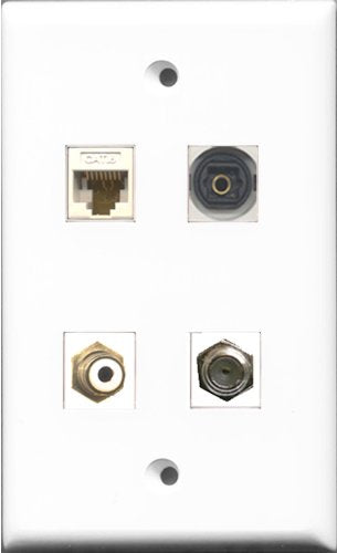 RiteAV 1 Port RCA White and 1 Port Coax Cable TV- F-Type and 1 Port Toslink and 1 Port Cat6 Ethernet White Wall Plate