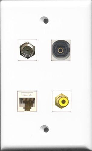 RiteAV 1 Port RCA Yellow and 1 Port Coax Cable TV- F-Type and 1 Port Toslink and 1 Port Cat6 Ethernet White Wall Plate