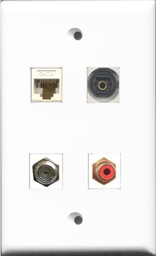 RiteAV 1 Port RCA Red and 1 Port Coax Cable TV- F-Type and 1 Port Toslink and 1 Port Cat6 Ethernet White Wall Plate