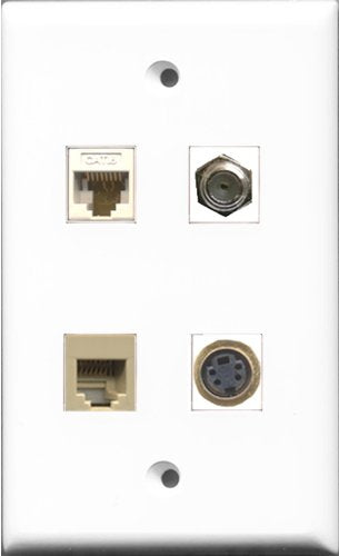 RiteAV 1 Port Coax Cable TV- F-Type and 1 Port Phone RJ11 RJ12 Beige and 1 Port S-Video and 1 Port Cat6 Ethernet White Wall Plate