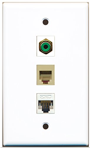 RiteAV - 1 Port RCA Green and 1 Port Phone RJ11 RJ12 Beige and 1 Port Cat5e Ethernet White Wall Plate