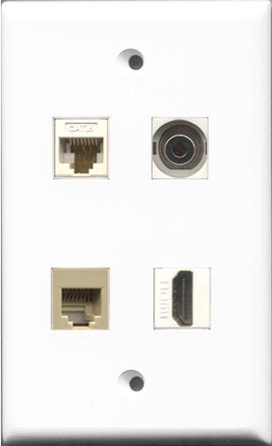 RiteAV 1 Port HDMI and 1 Port Phone RJ11 RJ12 Beige and 1 Port 3.5mm and 1 Port Cat6 Ethernet White Wall Plate