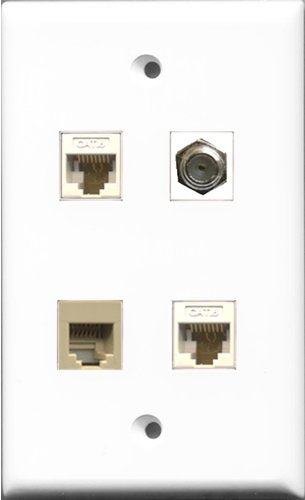 RiteAV 1 Port Coax Cable TV- F-Type and 1 Port Phone RJ11 RJ12 Beige 2 Port Cat6 Ethernet White Wall Plate