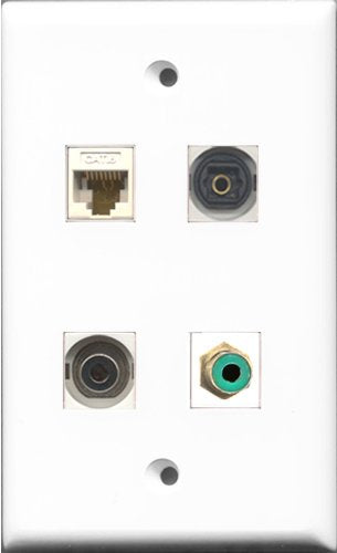RiteAV 1 Port RCA Green and 1 Port Toslink and 1 Port 3.5mm and 1 Port Cat6 Ethernet White Wall Plate
