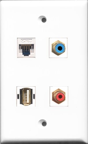 RiteAV 1 Port RCA Red and 1 Port RCA Blue and 1 Port USB A-A and 1 Port Cat5e Ethernet White Wall Plate