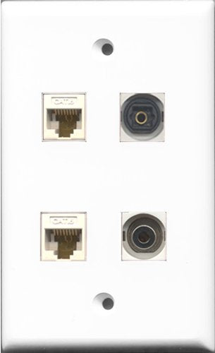 RiteAV 1 Port Toslink and 1 Port 3.5mm 2 Port Cat6 Ethernet White Wall Plate
