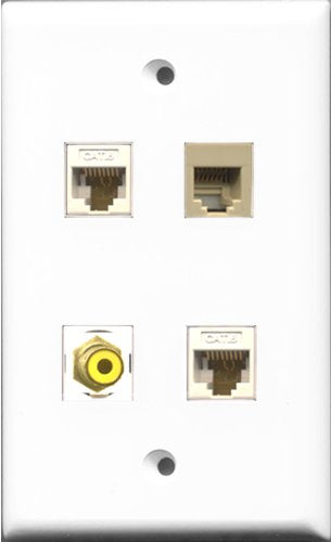 RiteAV 1 Port RCA Yellow and 1 Port Phone RJ11 RJ12 Beige 2 Port Cat6 Ethernet White Wall Plate