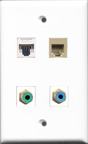 RiteAV 1 Port RCA Green and 1 Port RCA Blue and 1 Port Phone RJ11 RJ12 Beige and 1 Port Cat5e Ethernet White Wall Plate