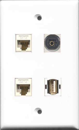 RiteAV 1 Port USB A-A and 1 Port Toslink 2 Port Cat6 Ethernet White Wall Plate