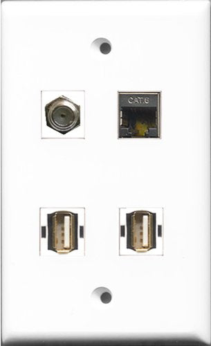 RiteAV 1 Port Coax Cable TV- F-Type 2 Port USB A-A and 1 Port Shielded Cat6 Ethernet Wall Plate