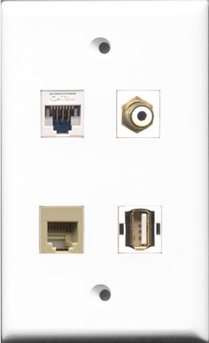 RiteAV 1 Port RCA White and 1 Port USB A-A and 1 Port Phone RJ11 RJ12 Beige and 1 Port Cat5e Ethernet White Wall Plate