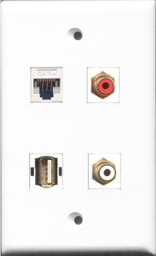 RiteAV 1 Port RCA Red and 1 Port RCA White and 1 Port USB A-A and 1 Port Cat5e Ethernet White Wall Plate