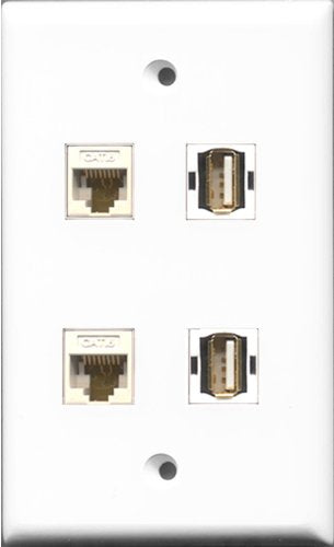 RiteAV - 2 Port USB A-A 2 Port Cat6 Ethernet White Wall Plate