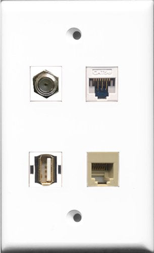 RiteAV 1 Port Coax Cable TV- F-Type and 1 Port USB A-A and 1 Port Phone RJ11 RJ12 Beige and 1 Port Cat5e Ethernet White Wall Plate