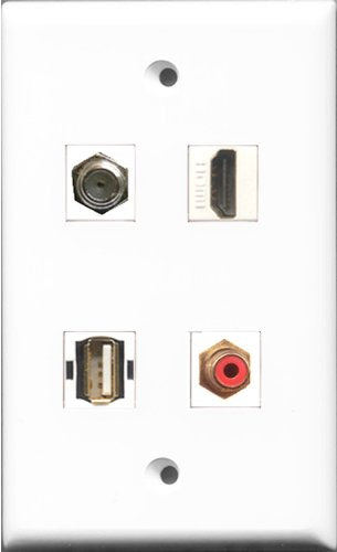RiteAV 1 Port HDMI and 1 Port RCA Red and 1 Port Coax Cable TV- F-Type and 1 Port USB A-A Wall Plate