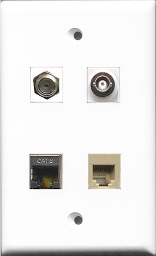 RiteAV 1 Port Coax Cable TV- F-Type and 1 Port Phone RJ11 RJ12 Beige and 1 Port Shielded Cat6 Ethernet and 1 Port BNC Wall Plate