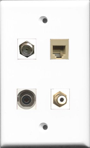 RiteAV 1 Port RCA White and 1 Port Coax Cable TV- F-Type and 1 Port Phone RJ11 RJ12 Beige and 1 Port 3.5mm Wall Plate