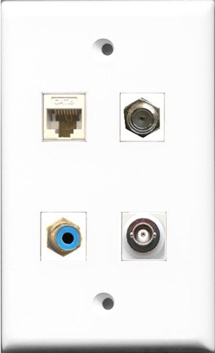 RiteAV 1 Port RCA Blue and 1 Port Coax Cable TV- F-Type and 1 Port BNC and 1 Port Cat6 Ethernet White Wall Plate