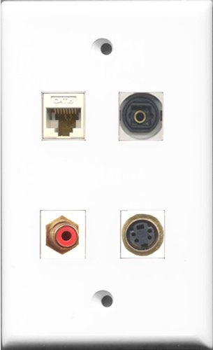 RiteAV 1 Port RCA Red and 1 Port S-Video and 1 Port Toslink and 1 Port Cat6 Ethernet White Wall Plate