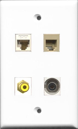 RiteAV 1 Port RCA Yellow and 1 Port Phone RJ11 RJ12 Beige and 1 Port 3.5mm and 1 Port Cat6 Ethernet White Wall Plate