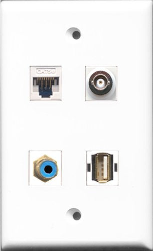 RiteAV - 1 Port RCA Blue and 1 Port USB A-A and 1 Port BNC and 1 Port Cat5e Ethernet White Wall Plate