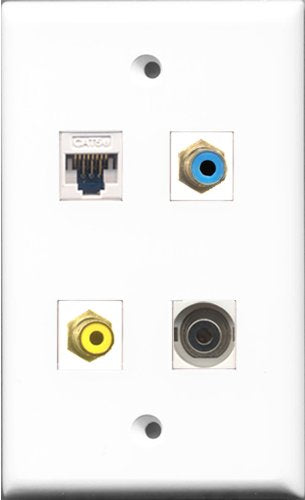 RiteAV 1 Port RCA Yellow and 1 Port RCA Blue and 1 Port 3.5mm and 1 Port Cat5e Ethernet White Wall Plate