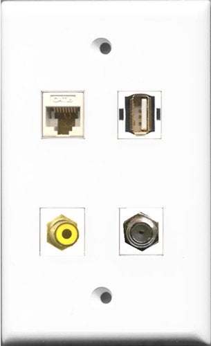 RiteAV 1 Port RCA Yellow and 1 Port Coax Cable TV- F-Type and 1 Port USB A-A and 1 Port Cat6 Ethernet White Wall Plate