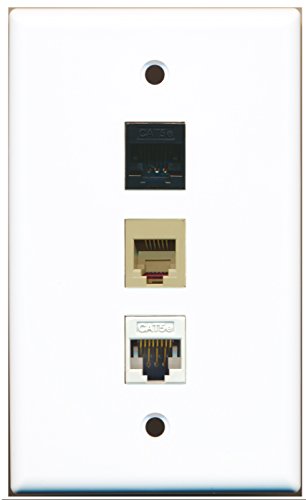 RiteAV - 1 Port Phone RJ11 RJ12 Beige and 1 Port Cat5e Ethernet White and 1 Port Cat5e Ethernet Black Wall Plate