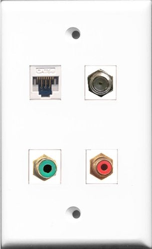 RiteAV - 1 Port RCA Red and 1 Port RCA Green and 1 Port Coax Cable TV- F-Type and 1 Port Cat5e Ethernet White Wall Plate