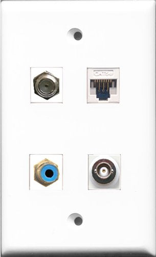 RiteAV 1 Port RCA Blue and 1 Port Coax Cable TV- F-Type and 1 Port BNC and 1 Port Cat5e Ethernet White Wall Plate