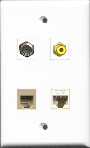 RiteAV 1 Port RCA Yellow and 1 Port Coax Cable TV- F-Type and 1 Port Phone RJ11 RJ12 Beige and 1 Port Cat6 Ethernet White Wall Plate