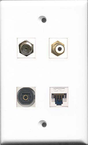 RiteAV 1 Port RCA White and 1 Port Coax Cable TV- F-Type and 1 Port Toslink and 1 Port Cat5e Ethernet White Wall Plate