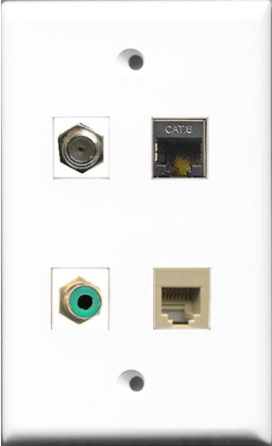 RiteAV 1 Port RCA Green and 1 Port Coax Cable TV- F-Type and 1 Port Phone RJ11 RJ12 Beige and 1 Port Shielded Cat6 Ethernet Wall Plate