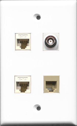 RiteAV 1 Port Phone RJ11 RJ12 Beige and 1 Port BNC 2 Port Cat6 Ethernet White Wall Plate