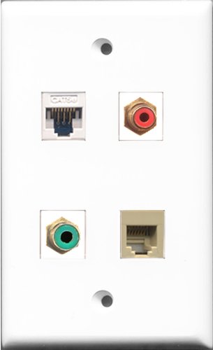 RiteAV 1 Port RCA Red and 1 Port RCA Green and 1 Port Phone RJ11 RJ12 Beige and 1 Port Cat5e Ethernet White Wall Plate