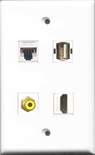 RiteAV 1 Port HDMI and 1 Port RCA Yellow and 1 Port USB A-A and 1 Port Cat5e Ethernet White Wall Plate