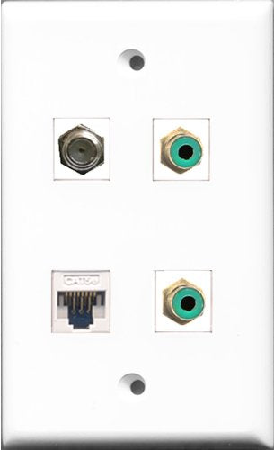 RiteAV - 2 Port RCA Green and 1 Port Coax Cable TV- F-Type and 1 Port Cat5e Ethernet White Wall Plate