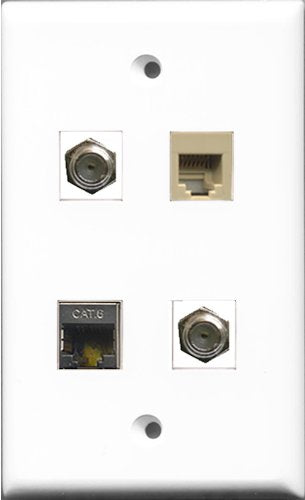RiteAV - 2 Port Coax Cable TV- F-Type and 1 Port Phone RJ11 RJ12 Beige and 1 Port Shielded Cat6 Ethernet Wall Plate