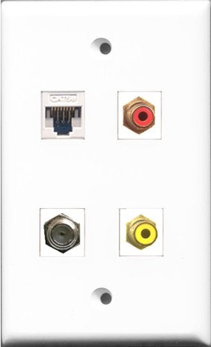 RiteAV 1 Port RCA Red and 1 Port RCA Yellow and 1 Port Coax Cable TV- F-Type and 1 Port Cat5e Ethernet White Wall Plate