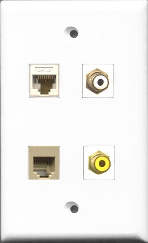 RiteAV 1 Port RCA White and 1 Port RCA Yellow and 1 Port Phone RJ11 RJ12 Beige and 1 Port Cat6 Ethernet White Wall Plate